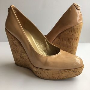 Stuart Weitzman Corkswoon Nude Patent Wedge 7.5